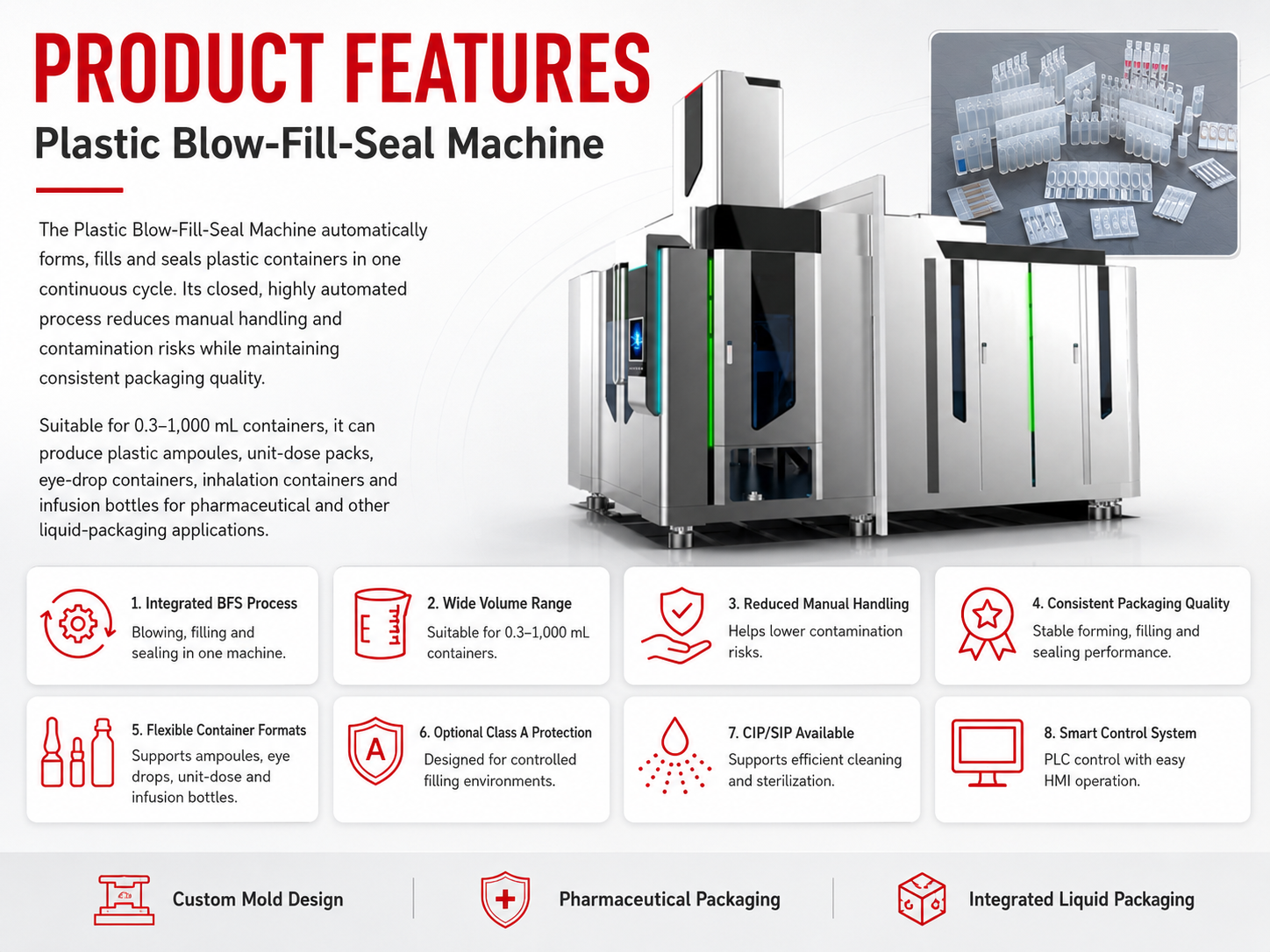 Plastic Blow-Fill-Seal Machine integrating plastic container forming, liquid filling and sealing, suitable for 0.3–1,000 mL pharmaceutical ampoules, eye-drop containers, unit-dose packs and infusion bottles.